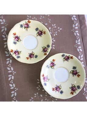 Aynsley Vintage Cream Bone China Floral Print Gold Trim Saucers Set of 2